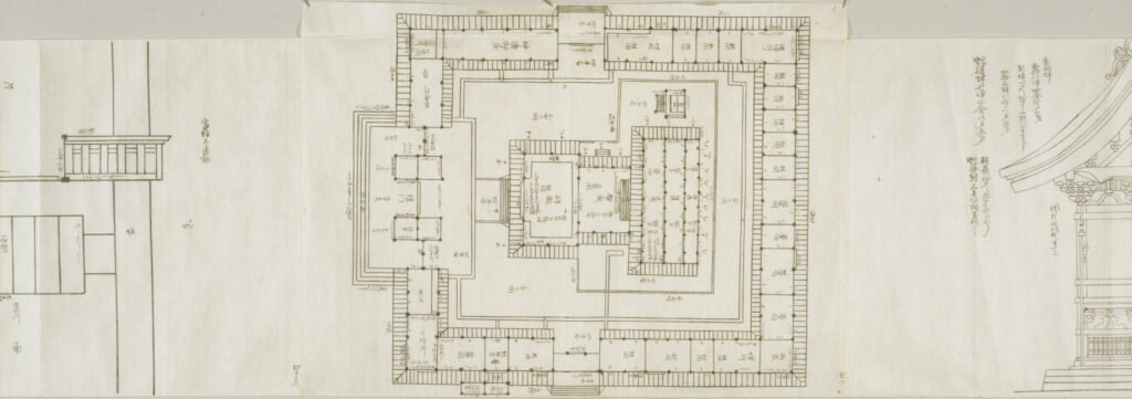 traditional Japanese architectural blueprints of Tsurugaoka Hachimangu