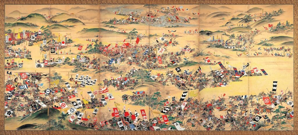 Japanese screen depicting the Battle of Sekigahara showing various Japanese Family Crests in the drawing.