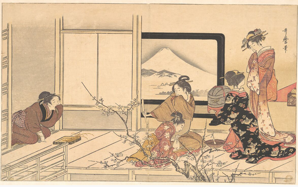 “Preparing Food for the Warbler,” from the album Men’s Stamping Dance (Otoko dōka, uguisu no esa suri), Kitagawa Utamaro