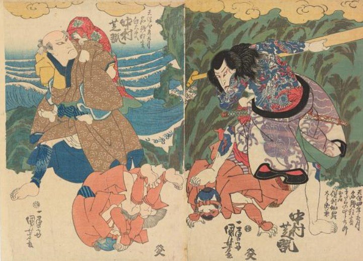 Nakamura Shikan II in Two Roles, Japanese Traditional Tattoo in Ukiyo-e