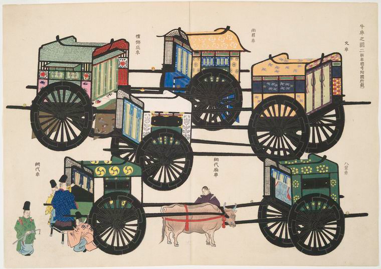 An illustration of oxcarts from Kokusi Daijiten showing Japanese Culture