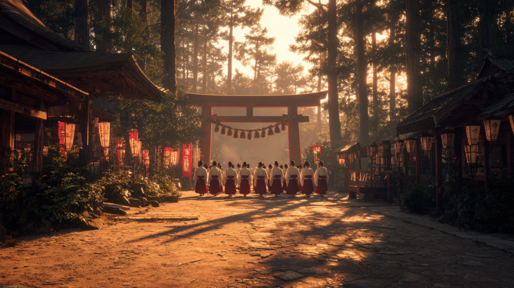 Ritual Ceremony with Miko priestess in front of Japanese shrine
