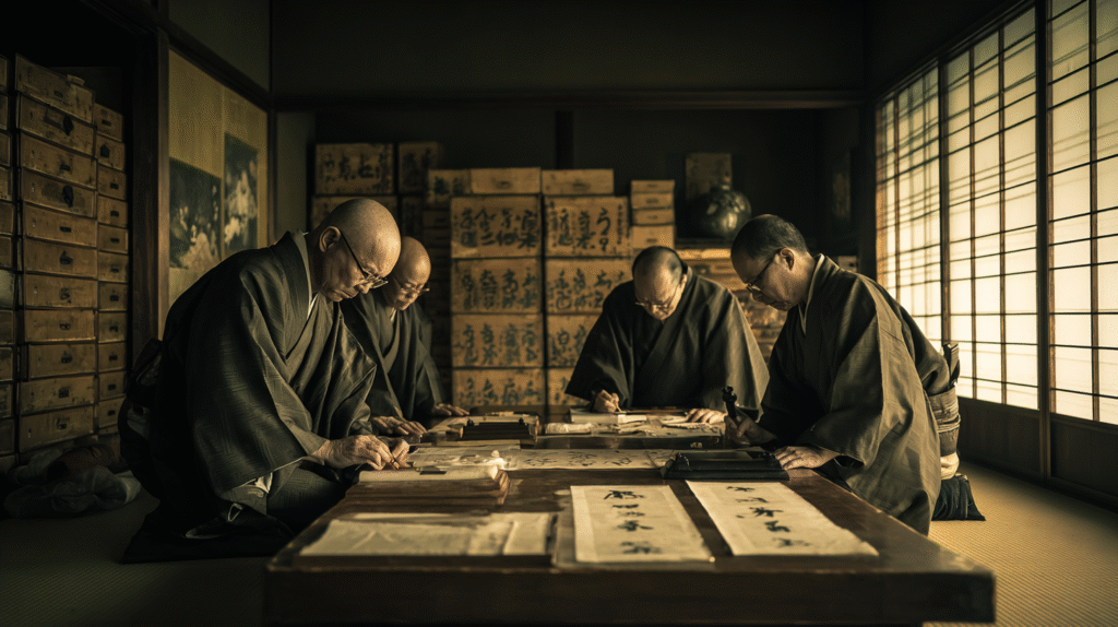 03 Japanese scholars studying ancient scrolls about Ran 1