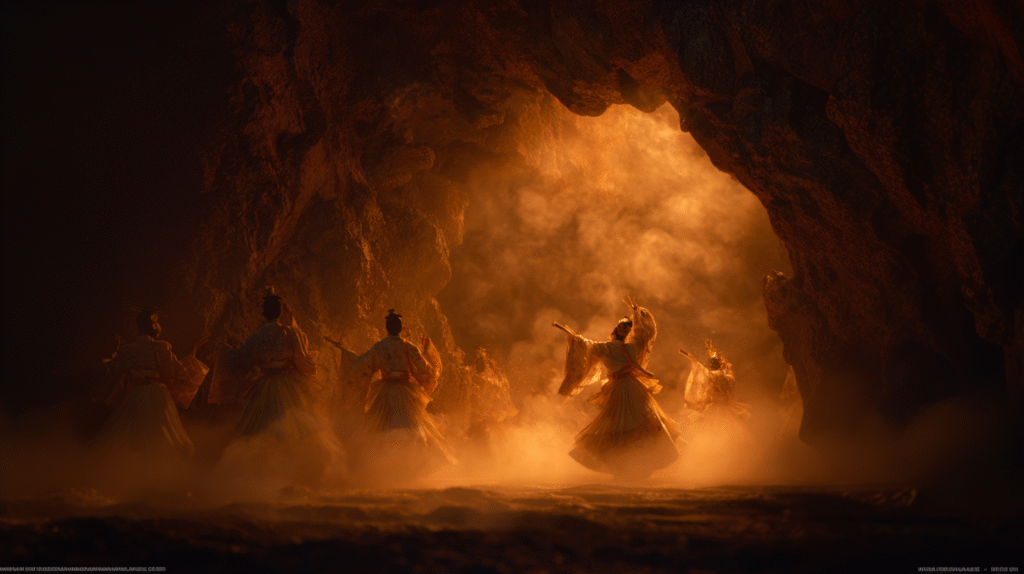 miko priestess dancing in the cave in the prehistoric age